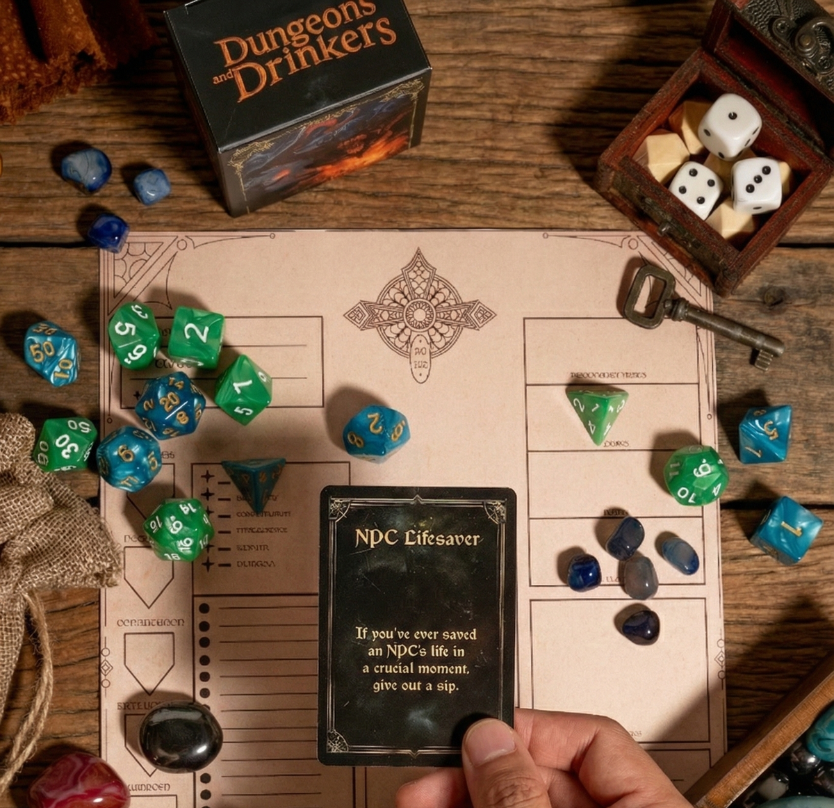Dungeons & Dragons game setup with dice, character sheet, and hand holding a card on a wooden table.