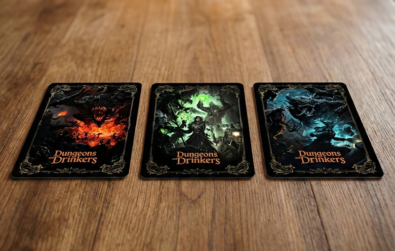 Three 'Dungeons & Drinkers' cards on a wooden table