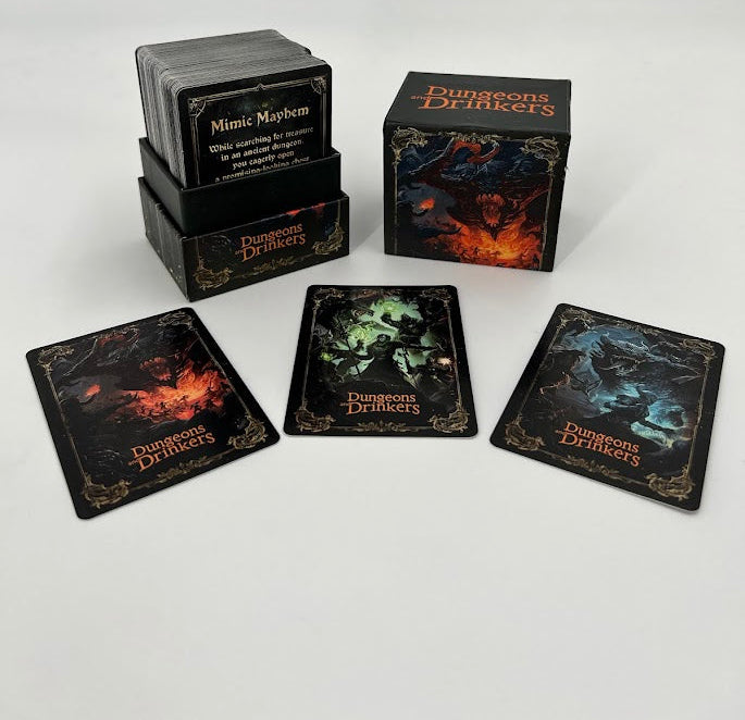 Collection of 'Dungeons & Dragons' game boxes and cards on a white background