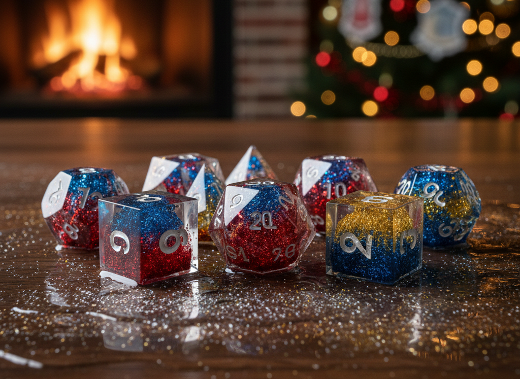 Colorful polyhedral dice on a wooden surface with a fireplace and Christmas tree in the background