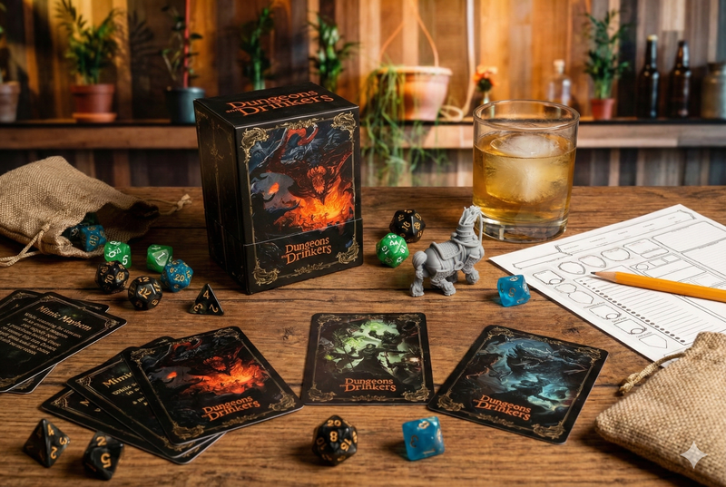 Tabletop gaming setup with fantasy cards, dice, and miniatures on a wooden surface.